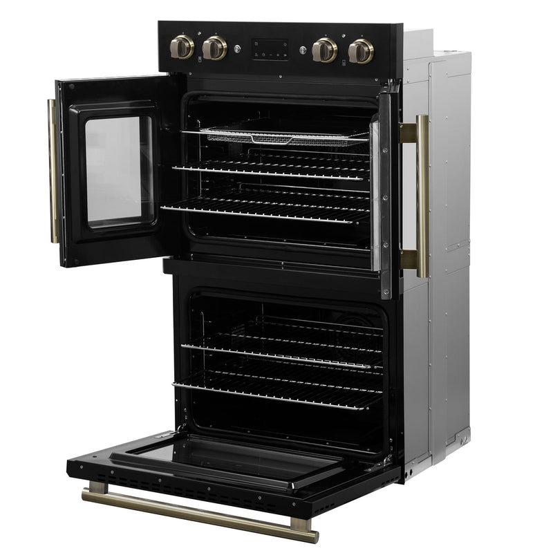 FORNO Asti 30" 7.36 cu. ft. French Door Double Electric Wall Oven with Air Fry, Self-Clean and Sous Vide in Black with Antique Brass Accents, FBOEL1340-30BLK