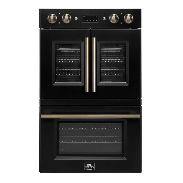 FORNO Asti 30" 7.36 cu. ft. French Door Double Electric Wall Oven with Air Fry, Self-Clean and Sous Vide in Black with Antique Brass Accents, FBOEL1340-30BLK