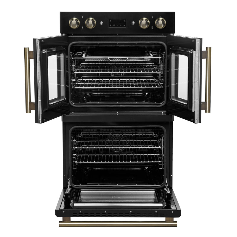 FORNO Asti 30" 7.36 cu. ft. French Door Double Electric Wall Oven with Air Fry, Self-Clean and Sous Vide in Black with Antique Brass Accents, FBOEL1340-30BLK