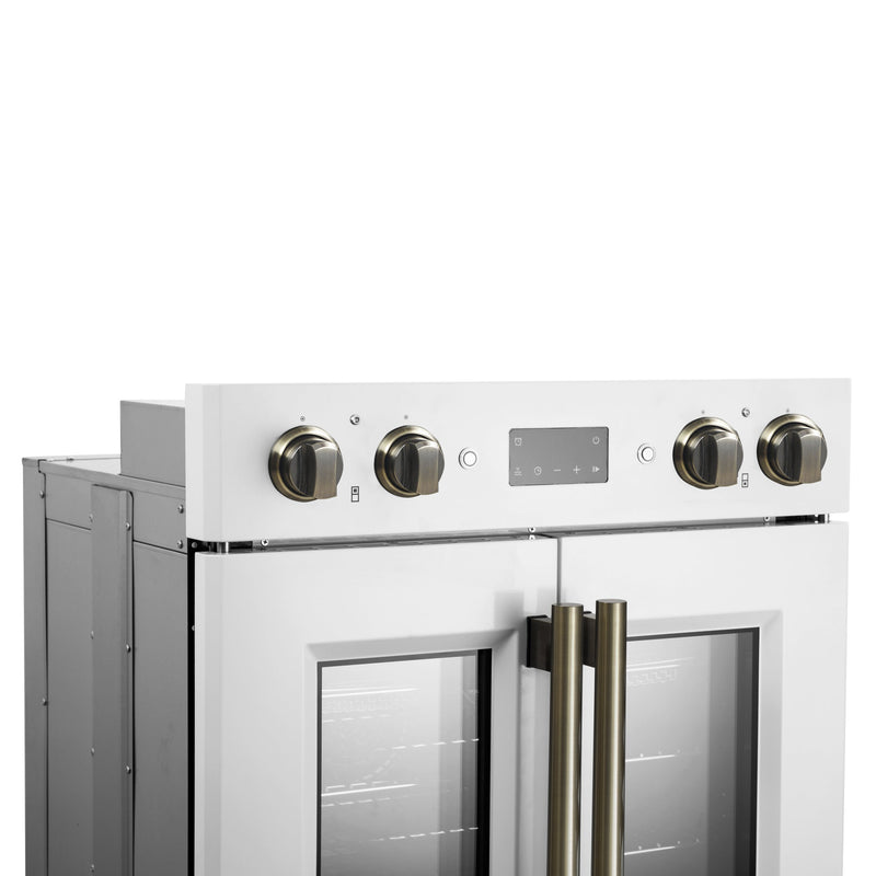 FORNO Asti 30" 7.36 cu. ft. French Door Double Electric Wall Oven with Air Fry, Self-Clean and Sous Vide in White with Antique Brass Accents, FBOEL1340-30WHT