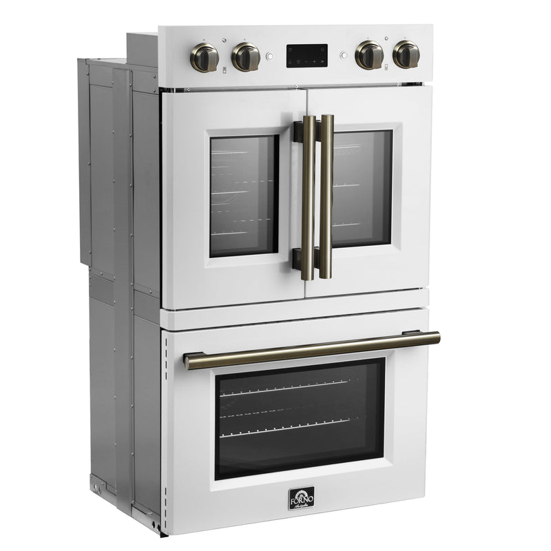 FORNO Asti 30" 7.36 cu. ft. French Door Double Electric Wall Oven with Air Fry, Self-Clean and Sous Vide in White with Antique Brass Accents, FBOEL1340-30WHT