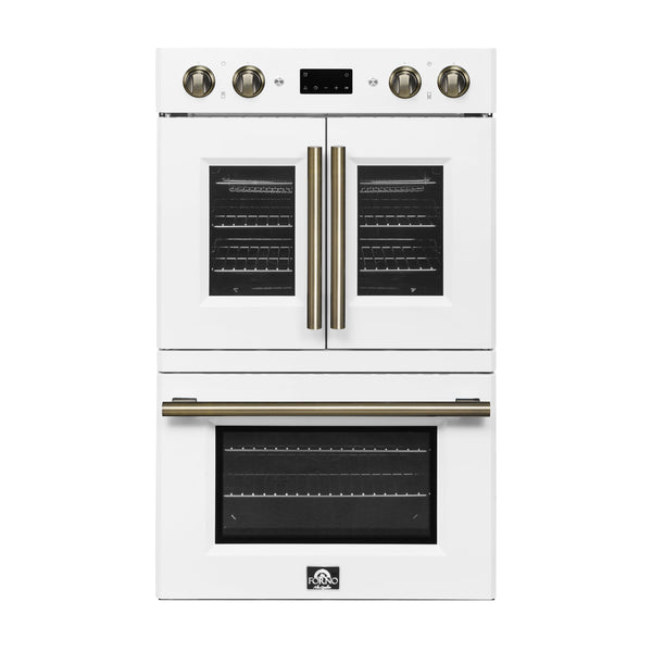 FORNO Asti 30" 7.36 cu. ft. French Door Double Electric Wall Oven with Air Fry, Self-Clean and Sous Vide in White with Antique Brass Accents, FBOEL1340-30WHT