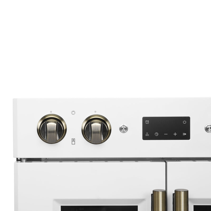 FORNO Asti 30" 7.36 cu. ft. French Door Double Electric Wall Oven with Air Fry, Self-Clean and Sous Vide in White with Antique Brass Accents, FBOEL1340-30WHT