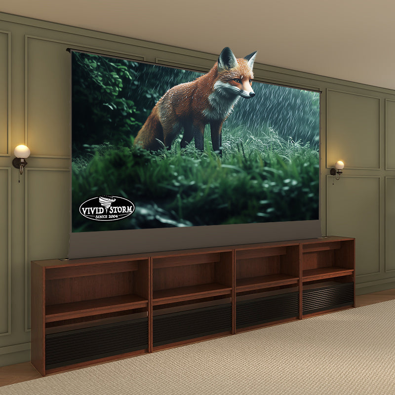 Bundle VIVIDSTORM Nexus Motorized Projector Screen Integrated Shelving Unit & S White Cinema/S ALR Motorized Tension Floor Rising Obsidian Long Throw ALR Projector screen