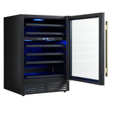 FORNO Bacchino 24" 51 Bottle 2 Zone Wine Cooler with LED Lighting and Triple Glass Door in Black with Antique Brass Accents, FWCDR6634-24KBLK