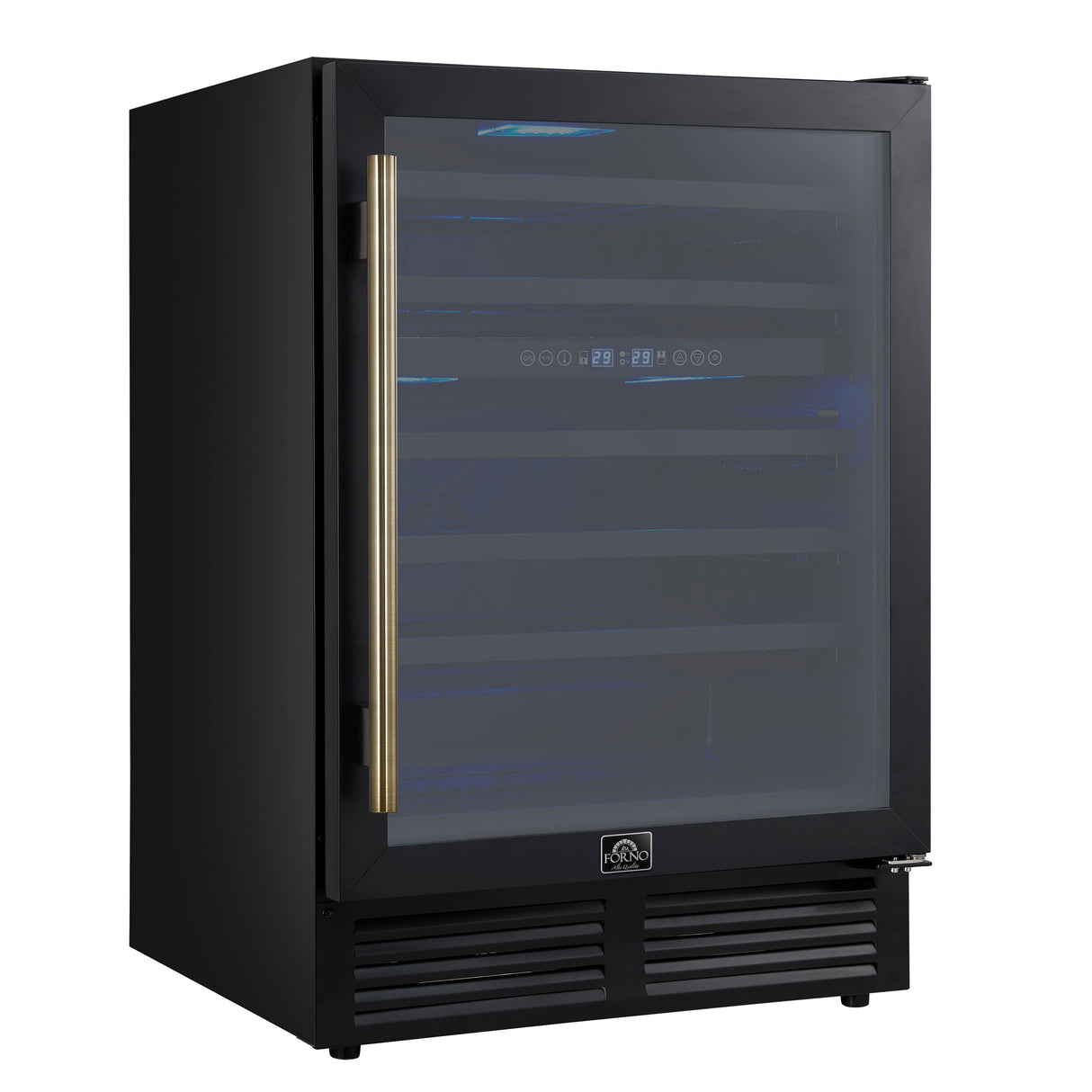 FORNO Bacchino 24" 51 Bottle 2 Zone Wine Cooler with LED Lighting and Triple Glass Door in Black with Antique Brass Accents, FWCDR6634-24KBLK