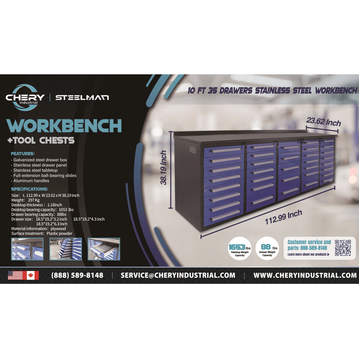 10ft Workbench Storage Cabinet with 35 Drawers