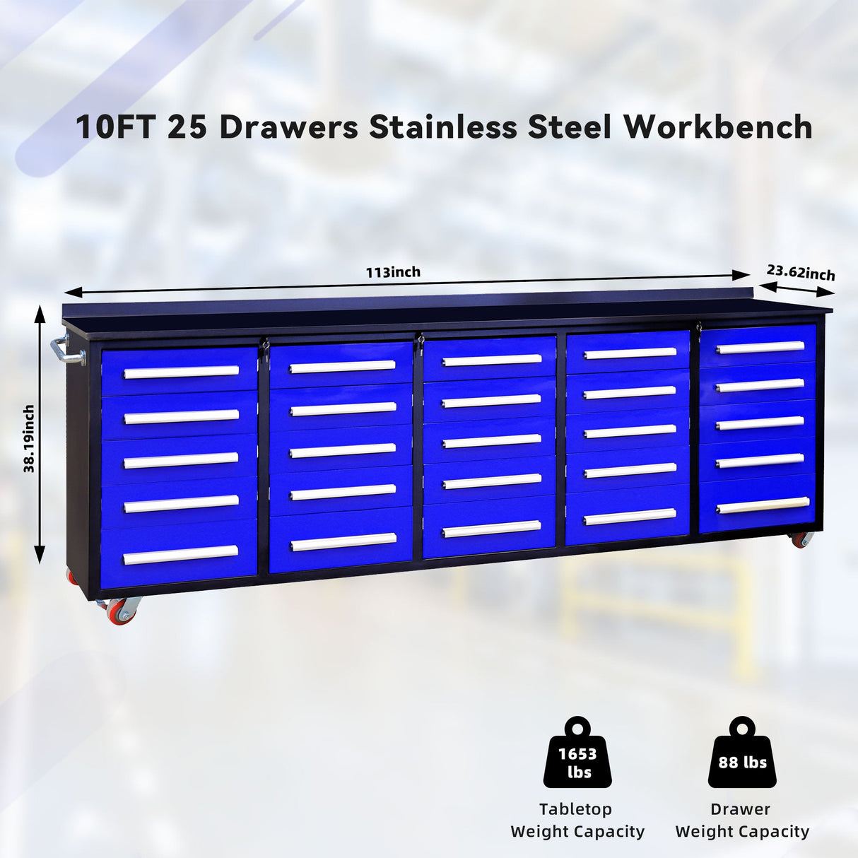 10ft 25-Drawer Storage Workbench with Wheels