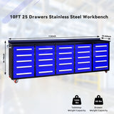 10ft 25-Drawer Storage Workbench with Wheels