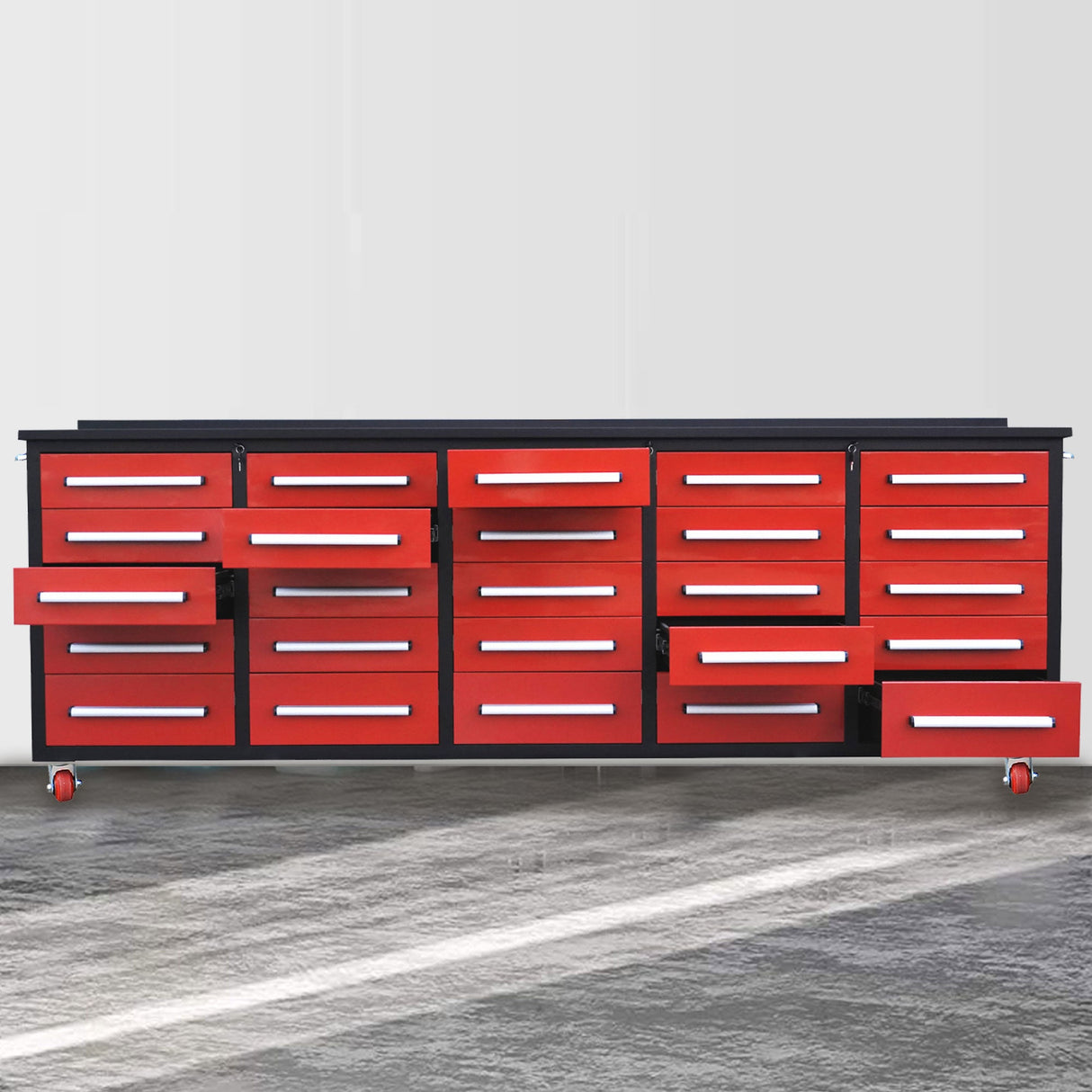 10ft 25-Drawer Storage Workbench with Wheels