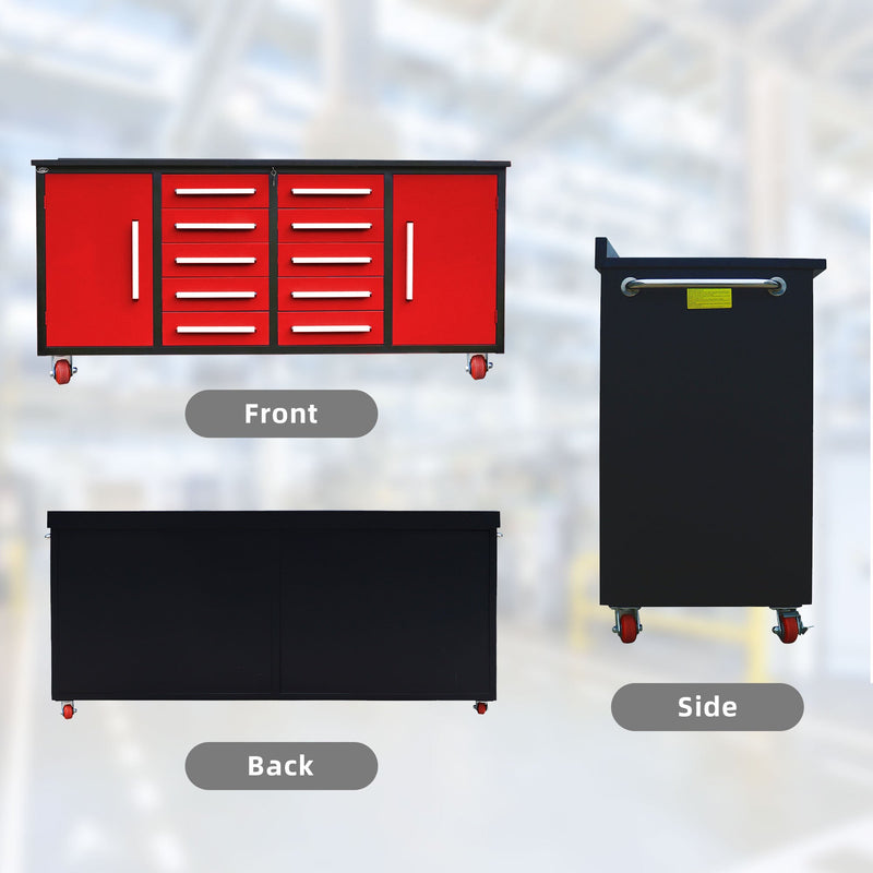 7ft 10-drawer Storage Workbench with Wheels