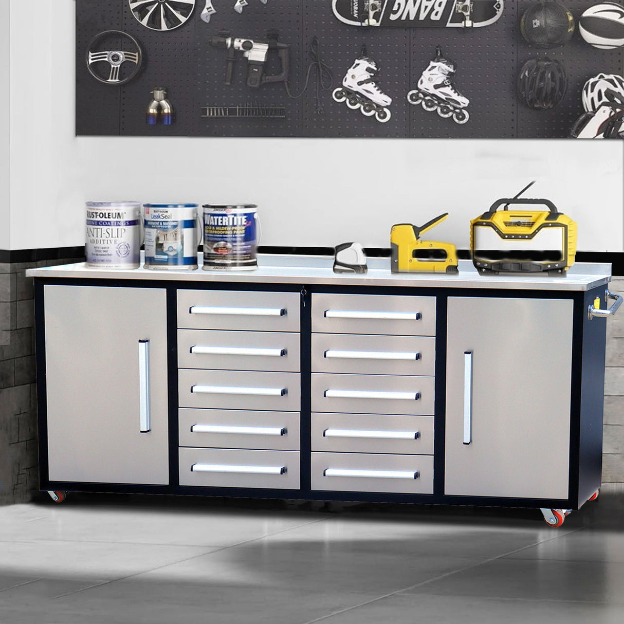 7ft 10-drawer Storage Workbench with Wheels
