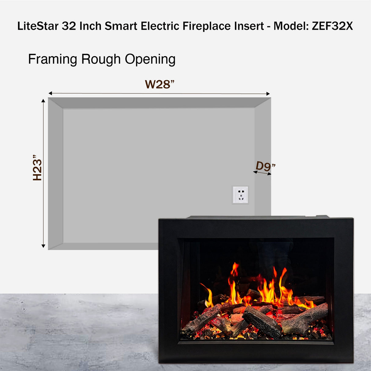 2025 New LiteStar ZEF32X – 32-inch Smart Electric Fireplace Insert Multi-Flame Style | Breathing Logs | Smart App | 5 Unique Flame Colors | Adjustable Crackling Sounds