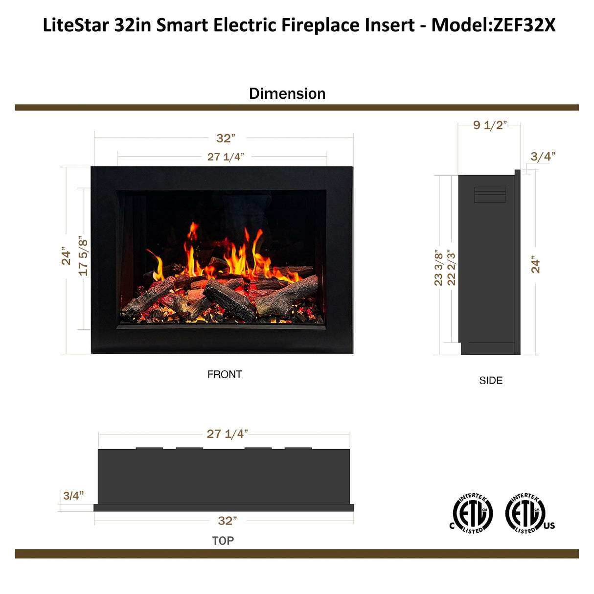 2025 New LiteStar ZEF32X – 32-inch Smart Electric Fireplace Insert Multi-Flame Style | Breathing Logs | Smart App | 5 Unique Flame Colors | Adjustable Crackling Sounds