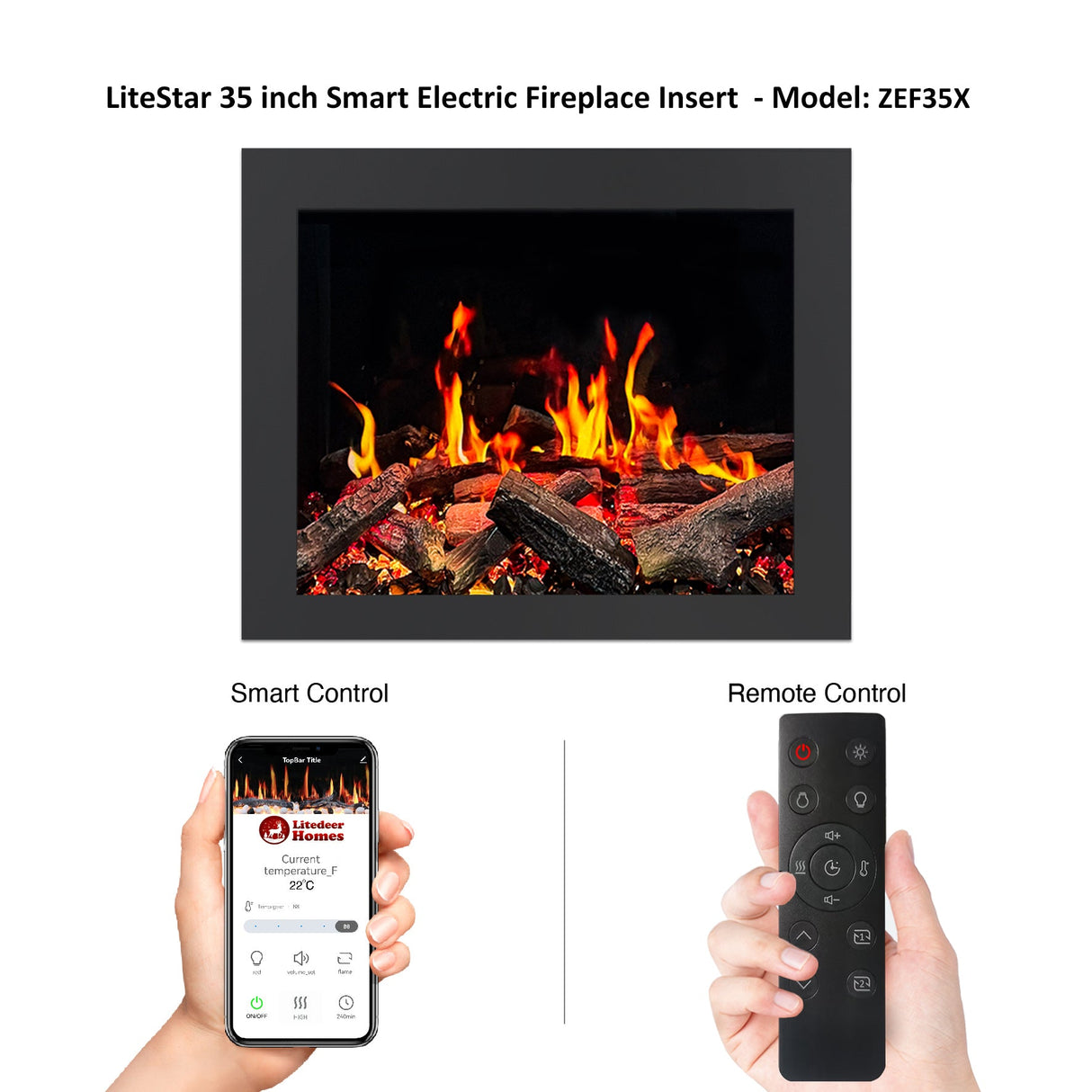 2025 New LiteStar ZEF35A – 35-inch Smart Electric Fireplace Insert 🔥 Multi-Flame Style | Breathing Logs | Smart App | 5 Unique Flame Colors | Adjustable Crackling Sounds
