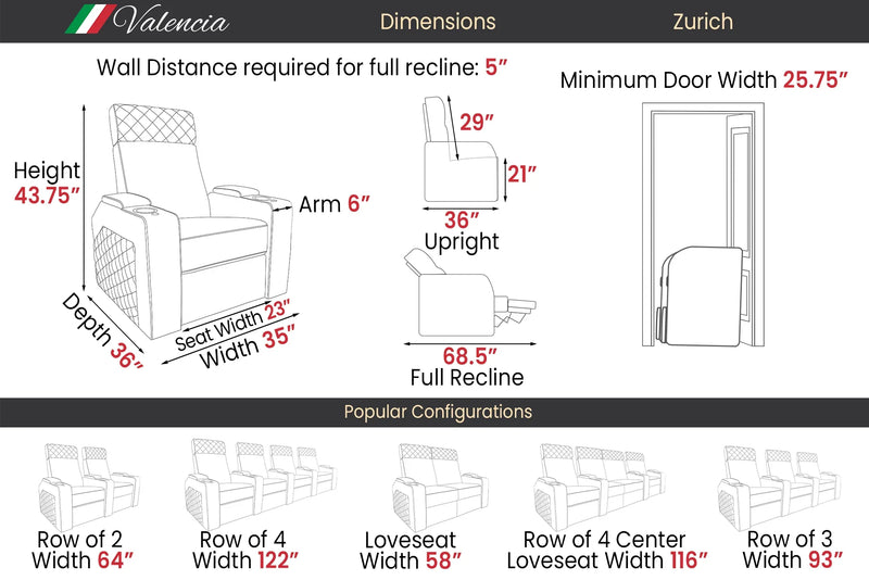 Valencia Zurich Leather Home Theater Seating Row of 4 Loveseat Center, Black