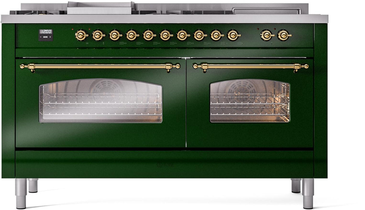 ILVE Nostalgie II 60-Inch Natural Gas Dual Fuel Range with 7 Burners, Griddle, & French Top with Triple Glass Door Oven in Emerald Green with Brass Trim (UP60FSNMPEGG)