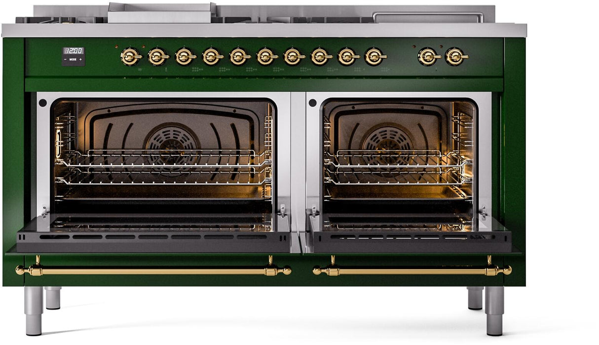 ILVE Nostalgie II 60-Inch Natural Gas Dual Fuel Range with 7 Burners, Griddle, & French Top with Triple Glass Door Oven in Emerald Green with Brass Trim (UP60FSNMPEGG)