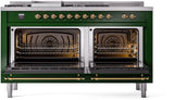 ILVE Nostalgie II 60-Inch Natural Gas Dual Fuel Range with 7 Burners, Griddle, & French Top with Triple Glass Door Oven in Emerald Green with Brass Trim (UP60FSNMPEGG)