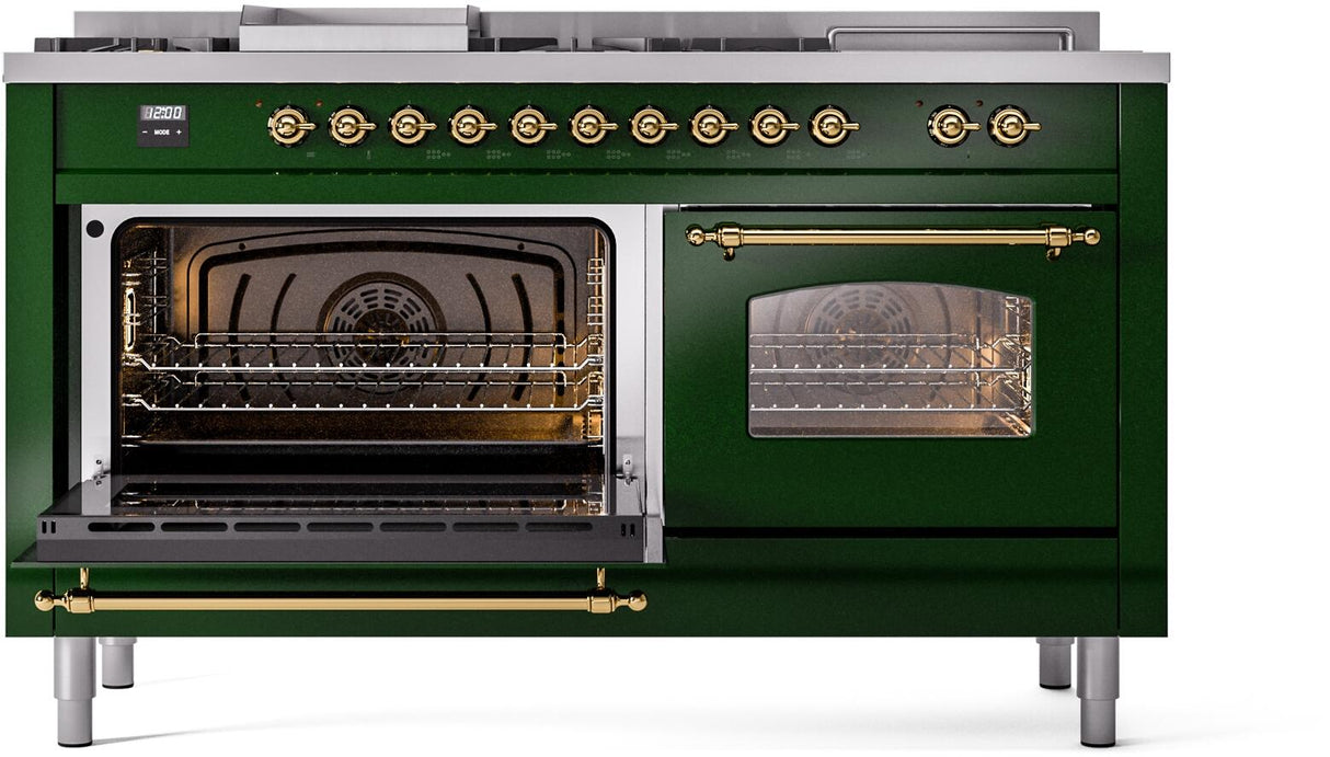 ILVE Nostalgie II 60-Inch Natural Gas Dual Fuel Range with 7 Burners, Griddle, & French Top with Triple Glass Door Oven in Emerald Green with Brass Trim (UP60FSNMPEGG)