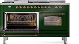 ILVE Nostalgie II 60-Inch Natural Gas Dual Fuel Range with 7 Burners, Griddle, & French Top with Triple Glass Door Oven in Emerald Green with Brass Trim (UP60FSNMPEGG)