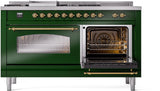 ILVE Nostalgie II 60-Inch Natural Gas Dual Fuel Range with 7 Burners, Griddle, & French Top with Triple Glass Door Oven in Emerald Green with Brass Trim (UP60FSNMPEGG)