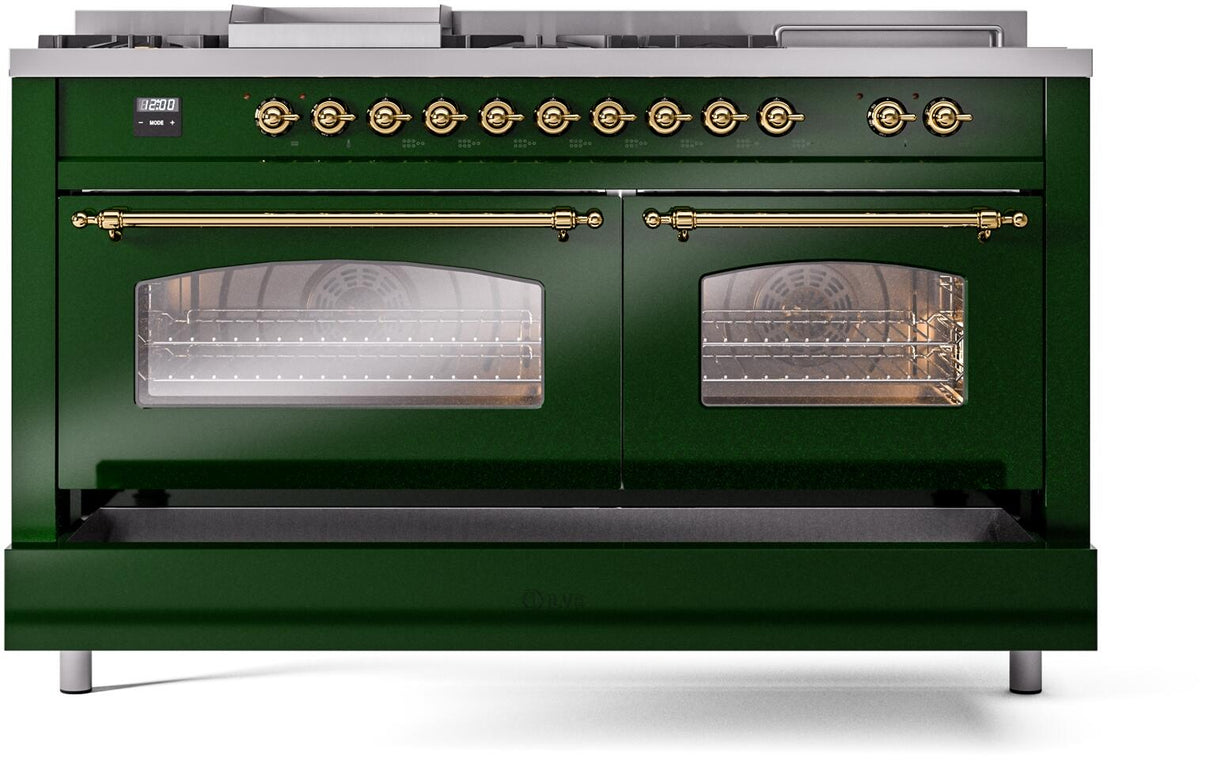 ILVE Nostalgie II 60-Inch Natural Gas Dual Fuel Range with 7 Burners, Griddle, & French Top with Triple Glass Door Oven in Emerald Green with Brass Trim (UP60FSNMPEGG)