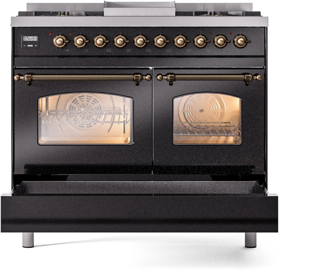 ILVE Nostalgie II 40-Inch Dual Fuel Freestanding Range in Glossy Black with Bronze Trim (UPD40FNMPBKBLP)