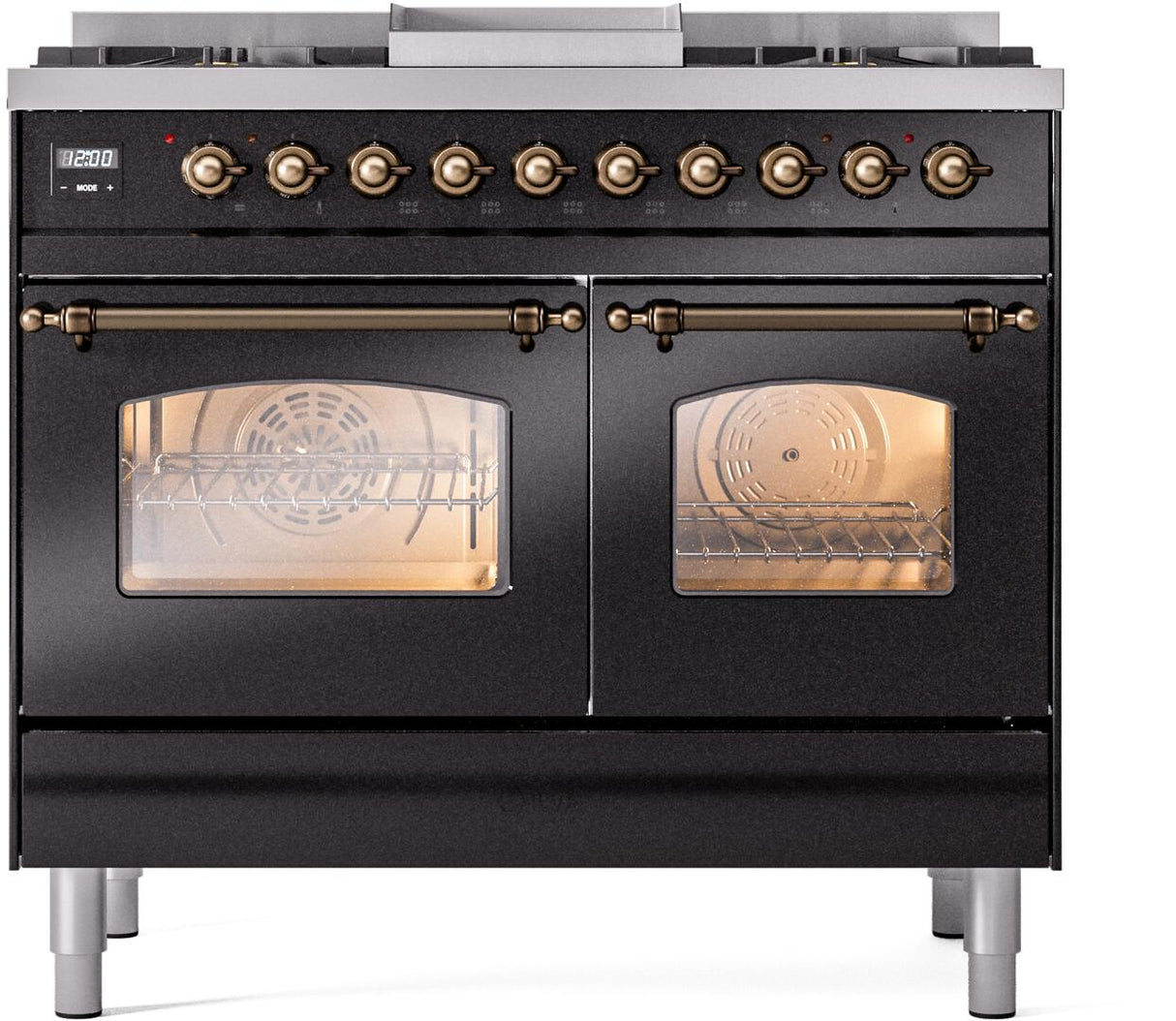 ILVE Nostalgie II 40-Inch Dual Fuel Freestanding Range in Glossy Black with Bronze Trim (UPD40FNMPBKBLP)