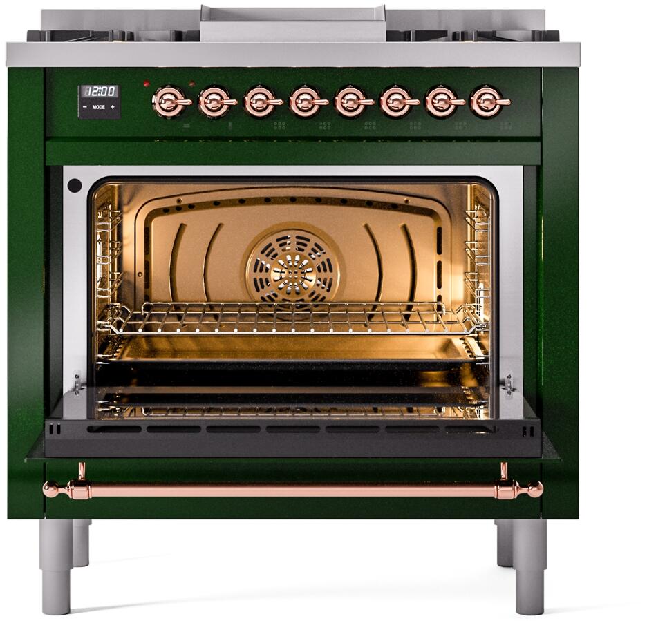 ILVE Nostalgie II 36-Inch Dual Fuel Freestanding Range in Emerald Green with Copper Trim (UP36FNMPEGPLP)