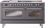 ILVE Nostalgie II 60-Inch Propane Gas Dual Fuel Range with 7 Burners, Griddle, & French Top with Triple Glass Door Oven in Matte Graphite with Chrome Trim (UP60FSNMPMGCLP)