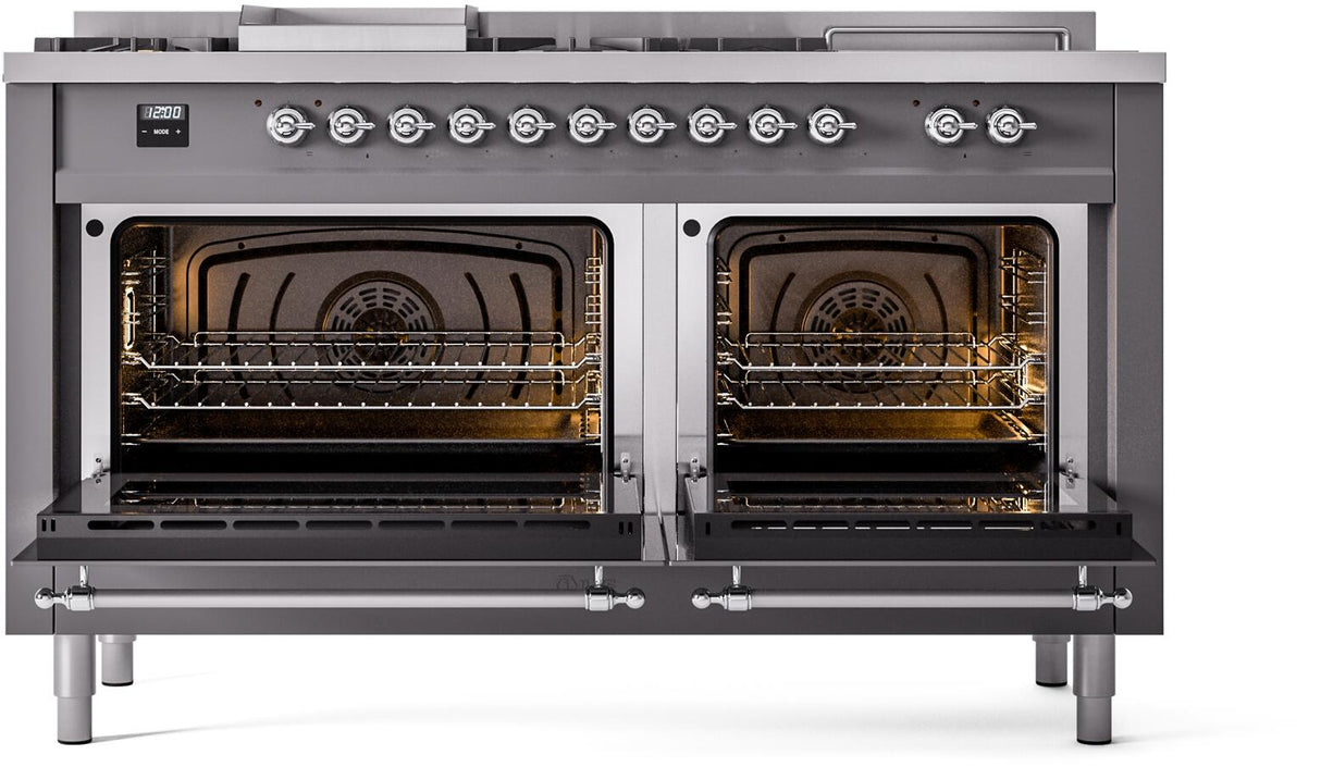 ILVE Nostalgie II 60-Inch Propane Gas Dual Fuel Range with 7 Burners, Griddle, & French Top with Triple Glass Door Oven in Matte Graphite with Chrome Trim (UP60FSNMPMGCLP)