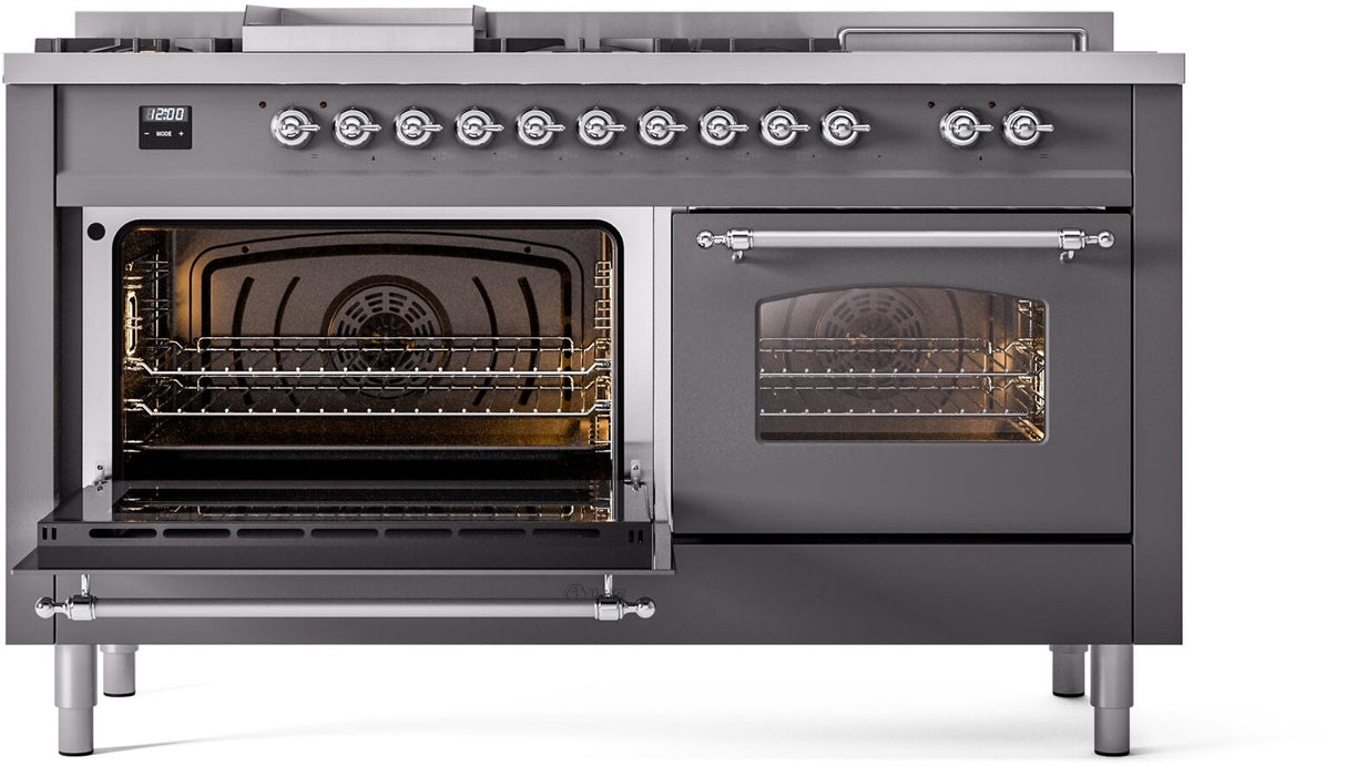 ILVE Nostalgie II 60-Inch Propane Gas Dual Fuel Range with 7 Burners, Griddle, & French Top with Triple Glass Door Oven in Matte Graphite with Chrome Trim (UP60FSNMPMGCLP)