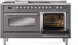 ILVE Nostalgie II 60-Inch Propane Gas Dual Fuel Range with 7 Burners, Griddle, & French Top with Triple Glass Door Oven in Matte Graphite with Chrome Trim (UP60FSNMPMGCLP)