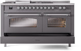 ILVE Nostalgie II 60-Inch Propane Gas Dual Fuel Range with 7 Burners, Griddle, & French Top with Triple Glass Door Oven in Matte Graphite with Chrome Trim (UP60FSNMPMGCLP)