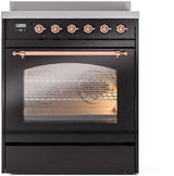ILVE Nostalgie II 30-Inch Freestanding Electric Induction Range in Glossy Black with Copper Trim (UPI304NMPBKP)