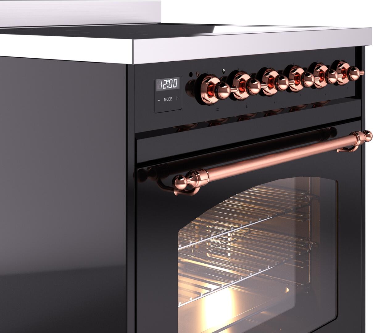 ILVE Nostalgie II 30-Inch Freestanding Electric Induction Range in Glossy Black with Copper Trim (UPI304NMPBKP)
