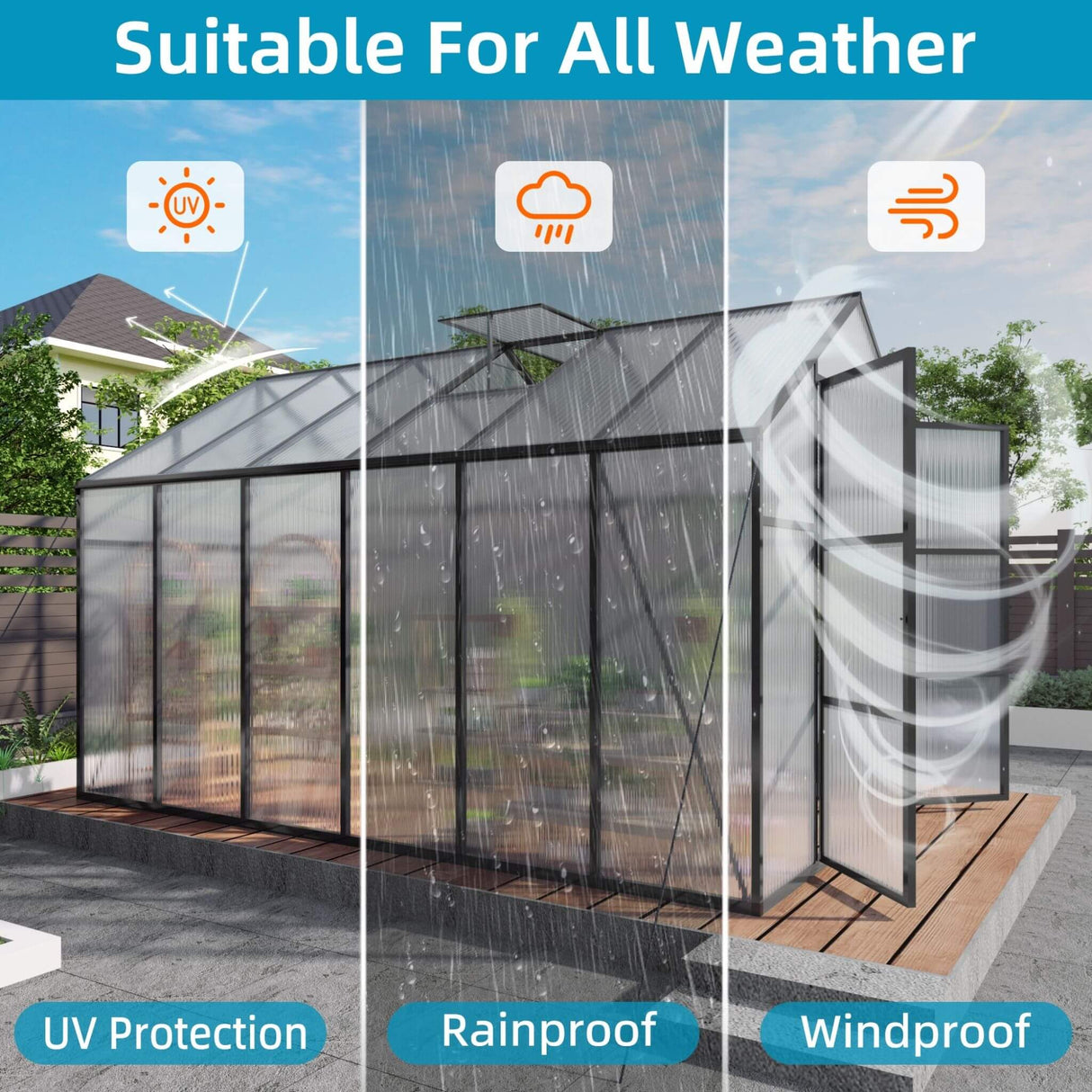 [08X12FT] All-Season Outdoor Backyard Polycarbonate Greenhouse With Raised Base And Aluminum Frame (SAK78614)