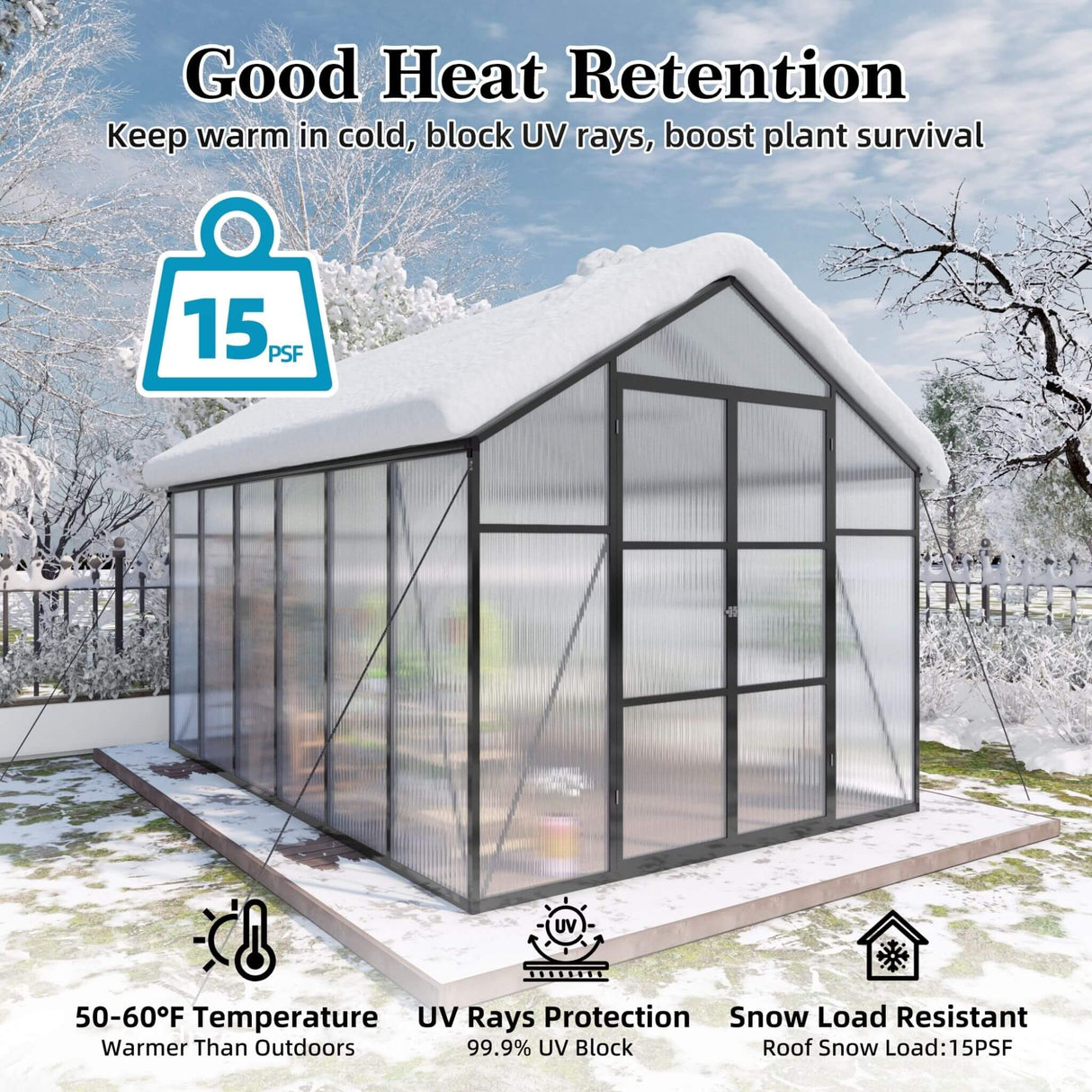 [08X12FT] All-Season Outdoor Backyard Polycarbonate Greenhouse With Raised Base And Aluminum Frame (SAK78614)