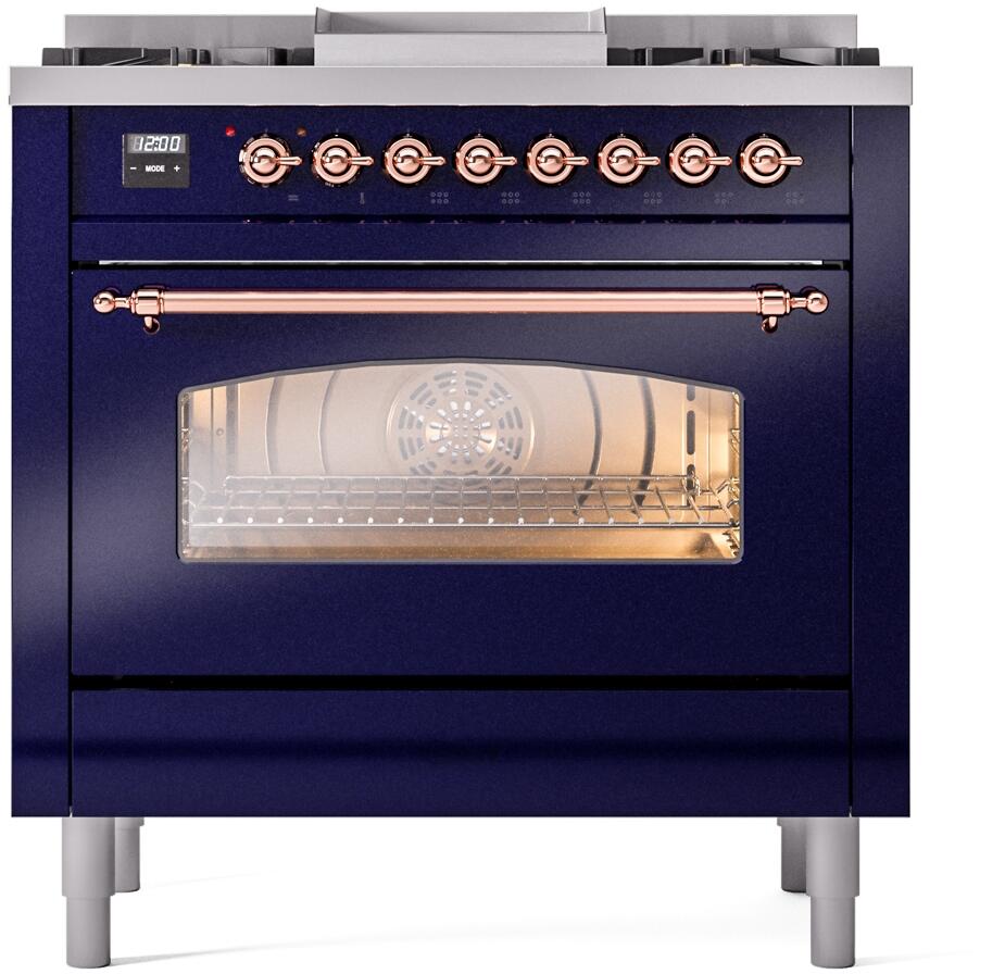 ILVE Nostalgie II 36-Inch Dual Fuel Freestanding Range in Midnight Blue with Copper Trim (UP36FNMPMBPLP)