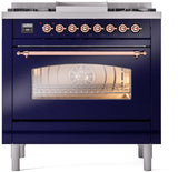 ILVE Nostalgie II 36-Inch Dual Fuel Freestanding Range in Midnight Blue with Copper Trim (UP36FNMPMBPLP)