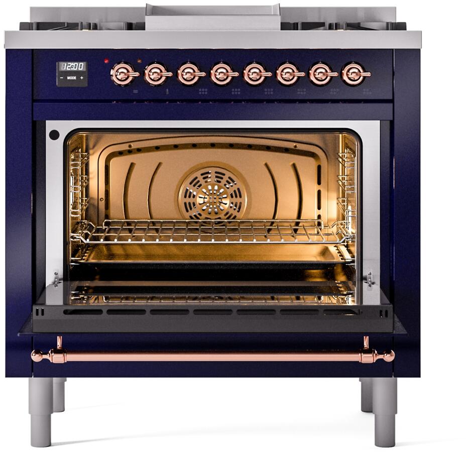 ILVE Nostalgie II 36-Inch Dual Fuel Freestanding Range in Midnight Blue with Copper Trim (UP36FNMPMBPLP)