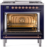 ILVE Nostalgie II 36-Inch Dual Fuel Freestanding Range in Midnight Blue with Copper Trim (UP36FNMPMBPLP)