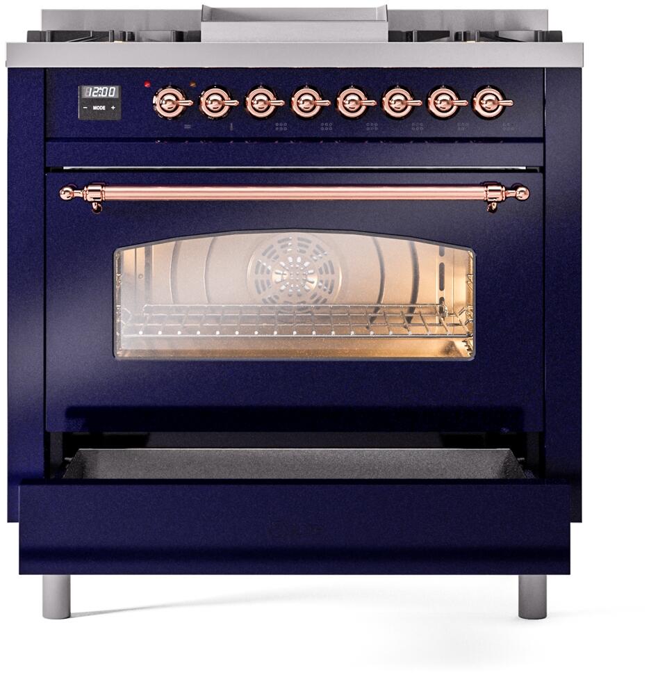ILVE Nostalgie II 36-Inch Dual Fuel Freestanding Range in Midnight Blue with Copper Trim (UP36FNMPMBPLP)
