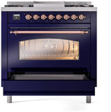 ILVE Nostalgie II 36-Inch Dual Fuel Freestanding Range in Midnight Blue with Copper Trim (UP36FNMPMBPLP)