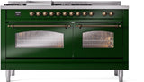 ILVE Nostalgie II 60-inch Natural Gas Dual Fuel Range with 7 Burners, Griddle, & French Top with Triple Glass Door Oven in Emerald Green with Bronze Trim (UP60FSNMPEGB)