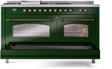 ILVE Nostalgie II 60-inch Natural Gas Dual Fuel Range with 7 Burners, Griddle, & French Top with Triple Glass Door Oven in Emerald Green with Bronze Trim (UP60FSNMPEGB)