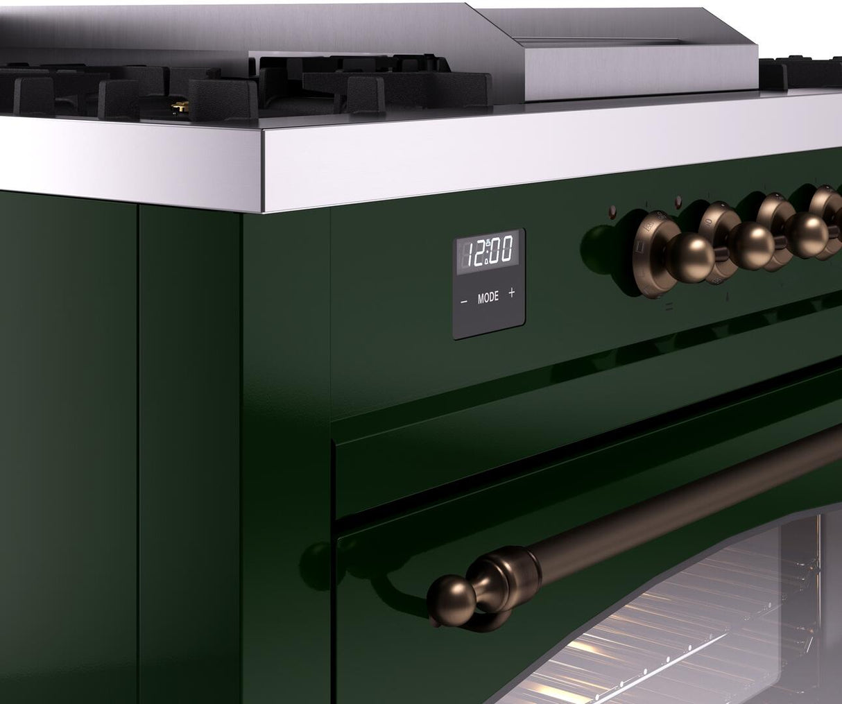 ILVE Nostalgie II 60-inch Natural Gas Dual Fuel Range with 7 Burners, Griddle, & French Top with Triple Glass Door Oven in Emerald Green with Bronze Trim (UP60FSNMPEGB)