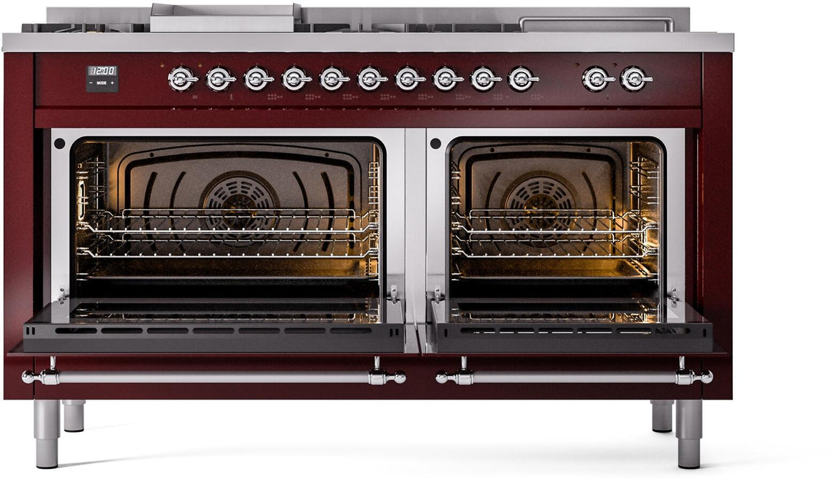 ILVE Nostalgie II 60-Inch Dual Fuel Range with 7 Burners, Griddle, & French Top with Triple Glass Door Oven in Burgundy with Chrome Trim (UP60FSNMPBUC)