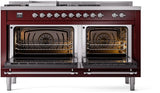 ILVE Nostalgie II 60-Inch Dual Fuel Range with 7 Burners, Griddle, & French Top with Triple Glass Door Oven in Burgundy with Chrome Trim (UP60FSNMPBUC)